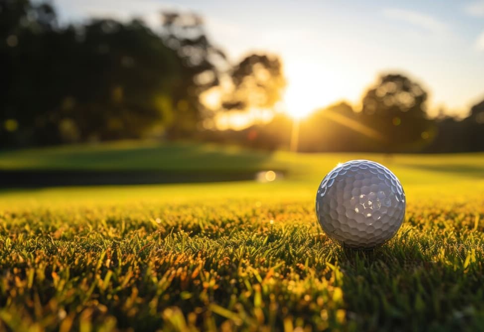 A golf ball on a tee at sunset with a vibrant sky