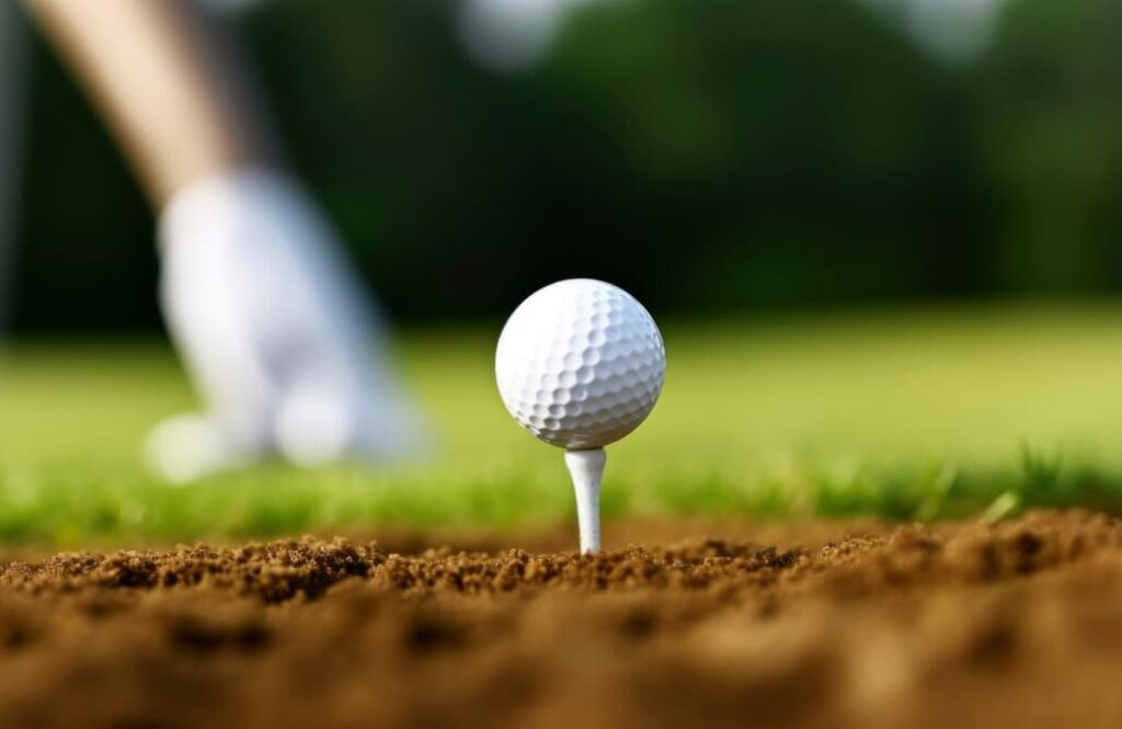 Close-up of a golf ball on a tee with a grass background