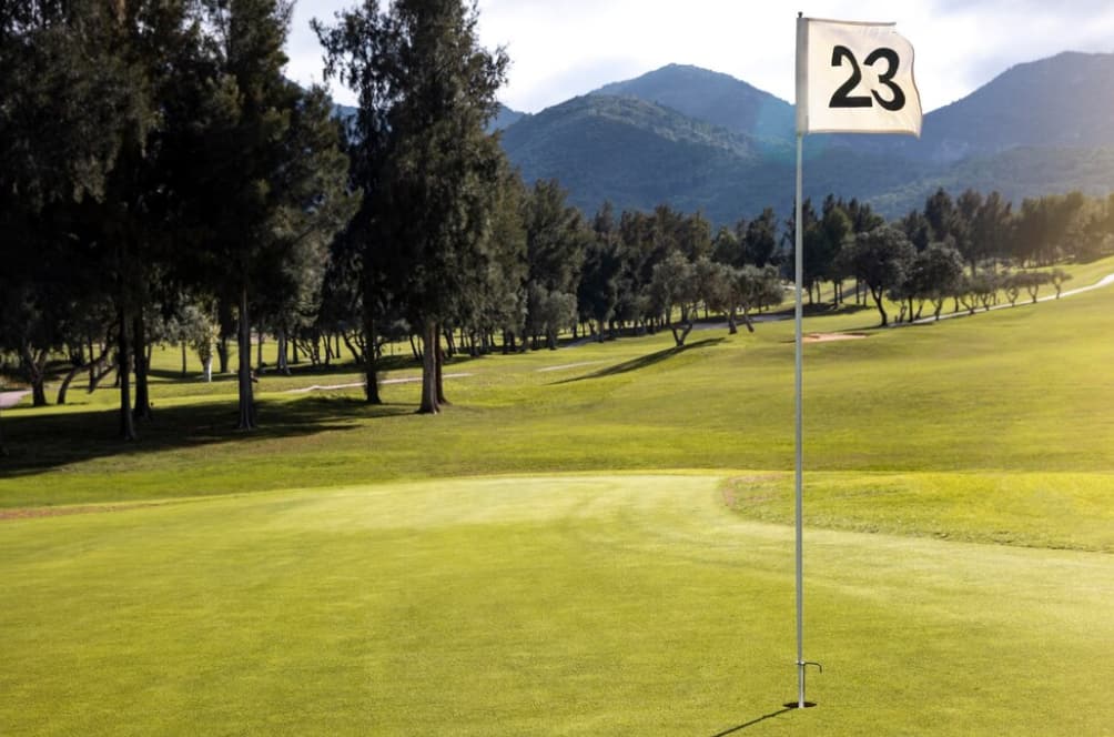 Golf green with flag number 23 and scenic backdrop