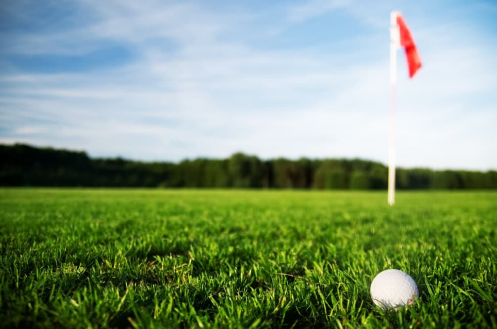 A golf ball lies on the green with the hole's flag in the background